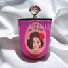 Pink candle with a decorative lid featuring Valentina and text on a white background