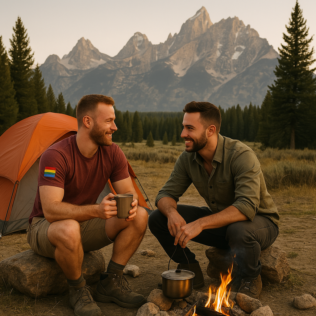Two men around a camp fire in the forest area. One guy has a LGBTQ flag on his sleeve.