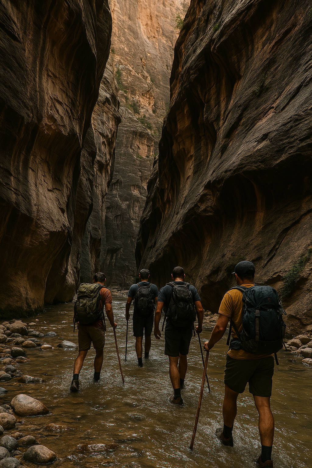 People hiking in a stream in The Narrows National Park 