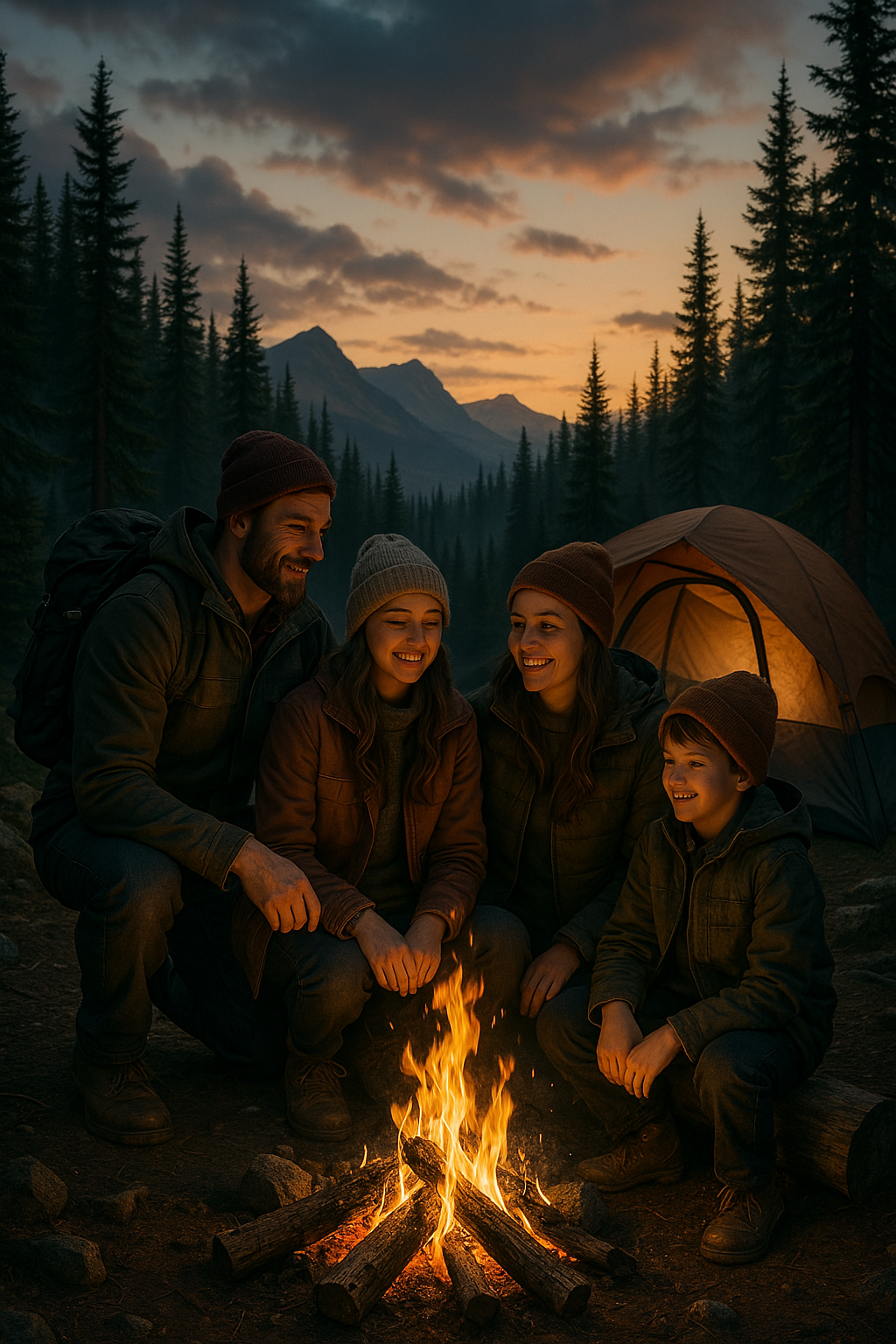 Family gathered around a campfire while camping near tent