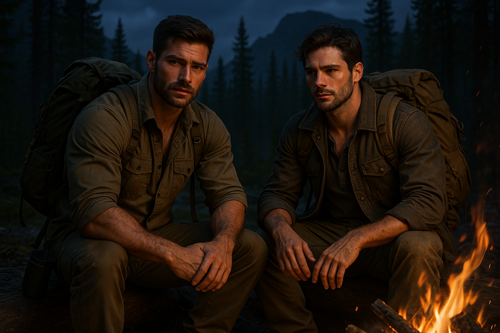 Two guys around a campfire