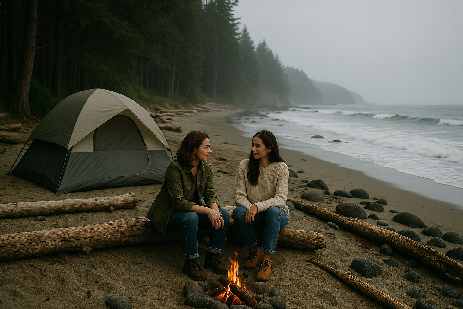 Two women talking around a campfire