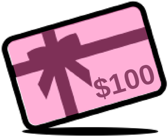 Pink gift card with a bow and $100 value on a white background