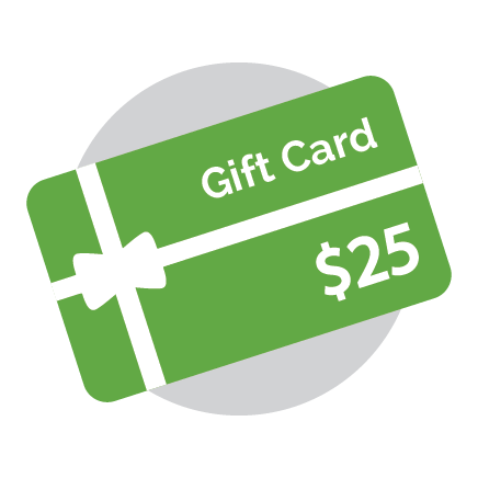 Green gift card with a white bow and 'Gift Card $25' text on a gray background