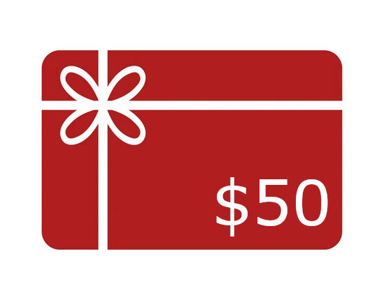 Red gift card with a white bow and '$50' text on a white background
