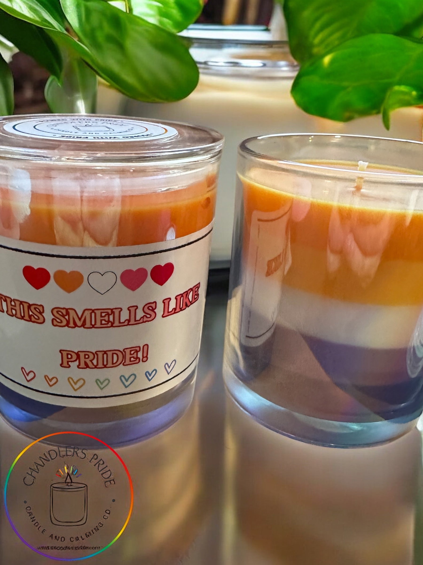 Two candles with clear glass bases, one closed and the other with a label that reads 'This Smells Like Pride!', placed on a reflective surface with a green plant in the background.