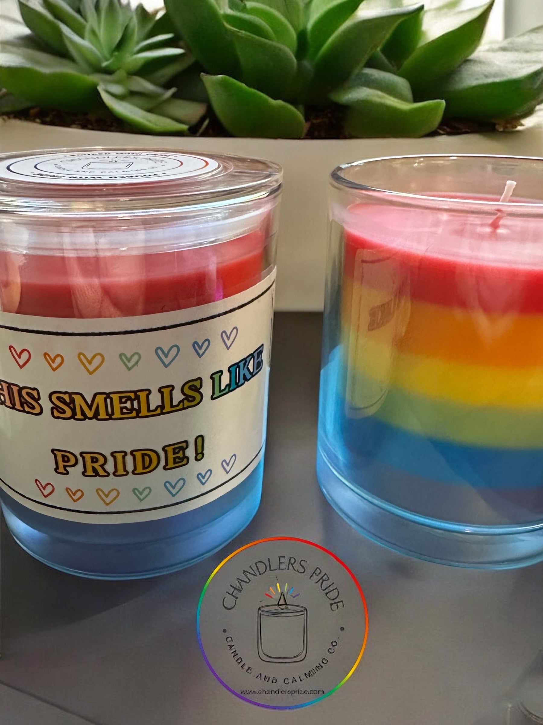 Two candles with multicolored layers in blue, red, and purple, placed on a table with a plant in the background. The candles have labels supporting LGBTQ+ rights, and the brand Chandler's Pride is visible.