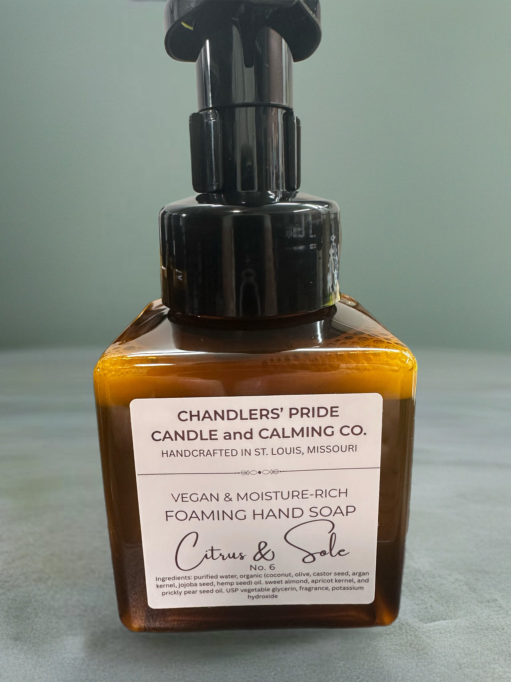 Moisture-Rich Foaming hand soap bottle with pump on a gray background