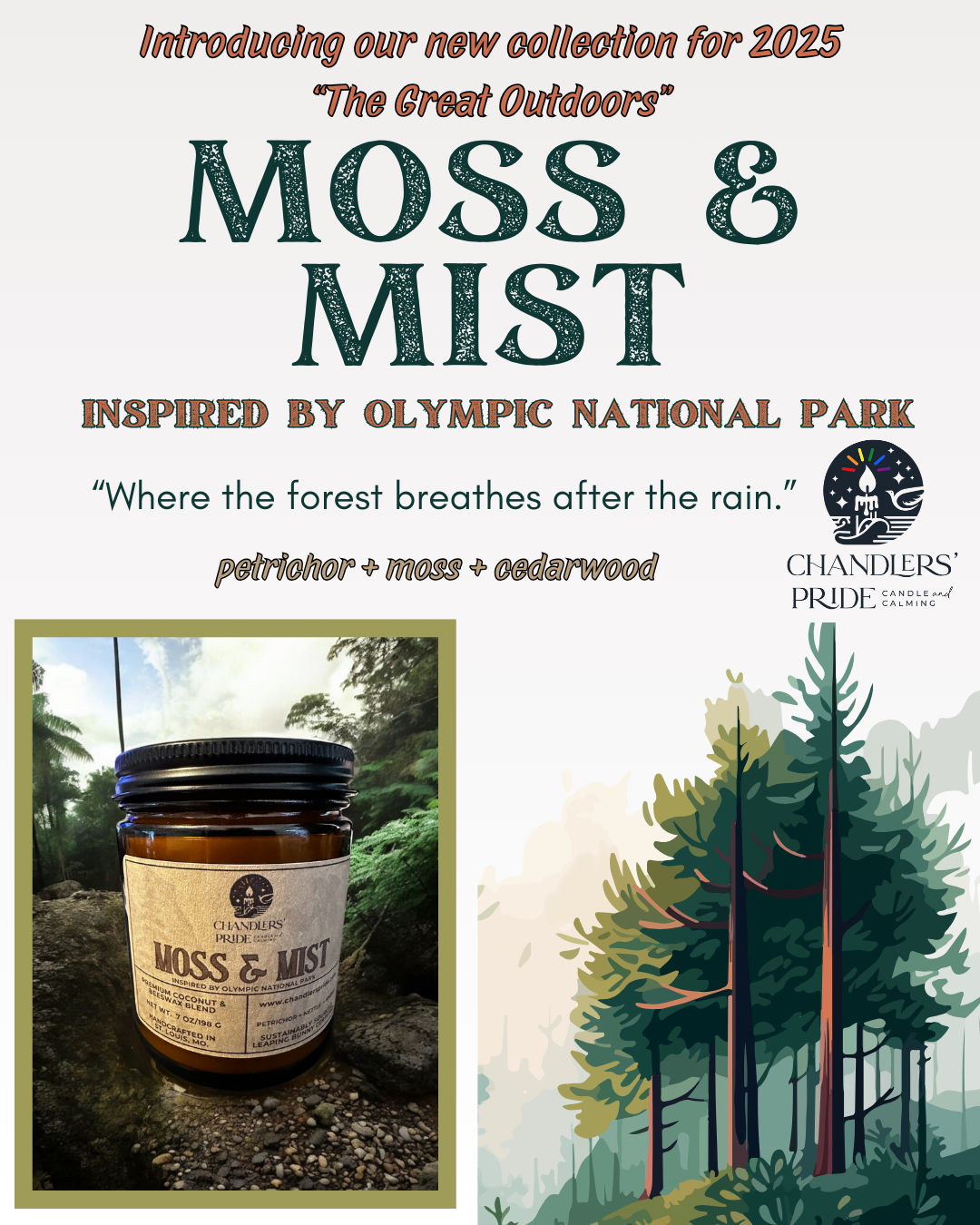 Moss and Mist candle by Chandlers’ Pride in a forest setting