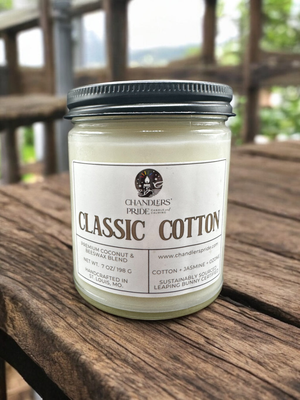 Classic Cotton candle by Chandlers’ Pride on a wooden plank