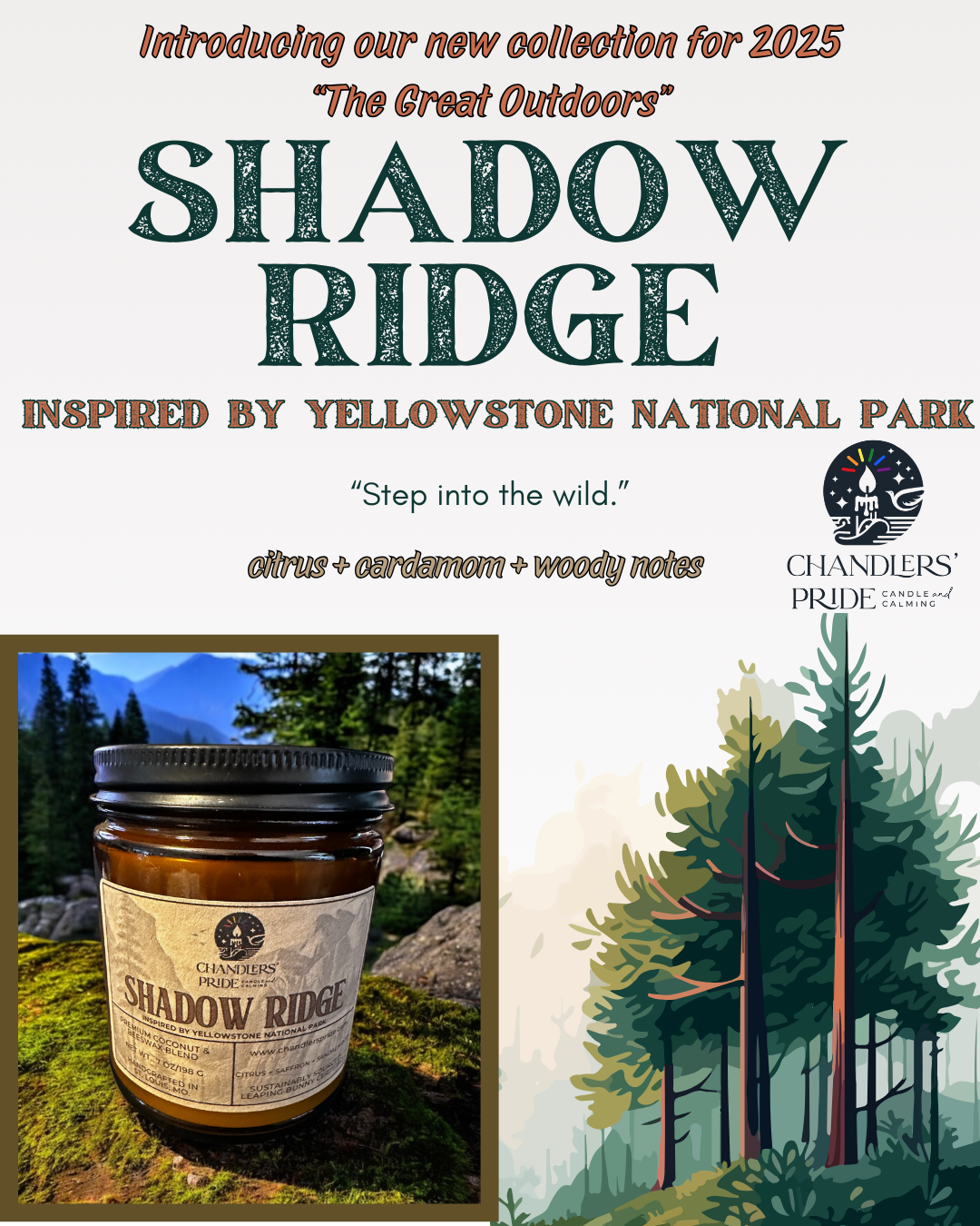 Shadow Ridge candle by Chandlers’ Pride in a forest setting