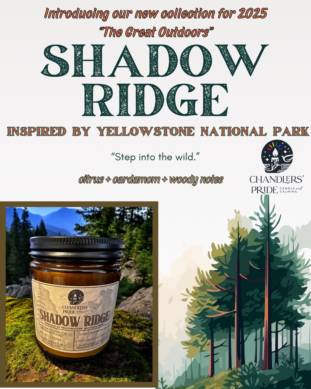 Shadow Ridge candle by Chandlers’ Pride in a forest setting