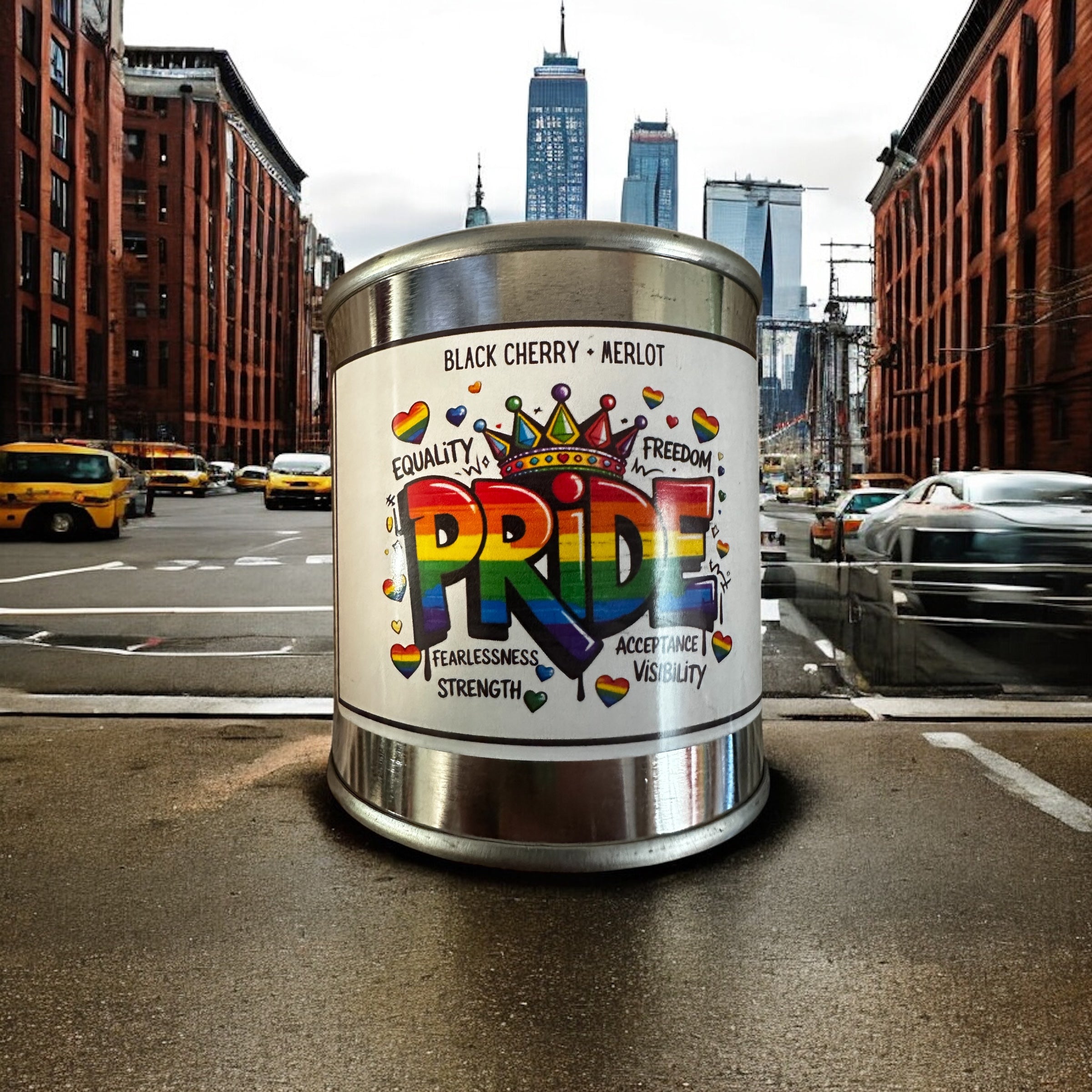 Stainless steel paint can candle with Pride-themed design on a city street background