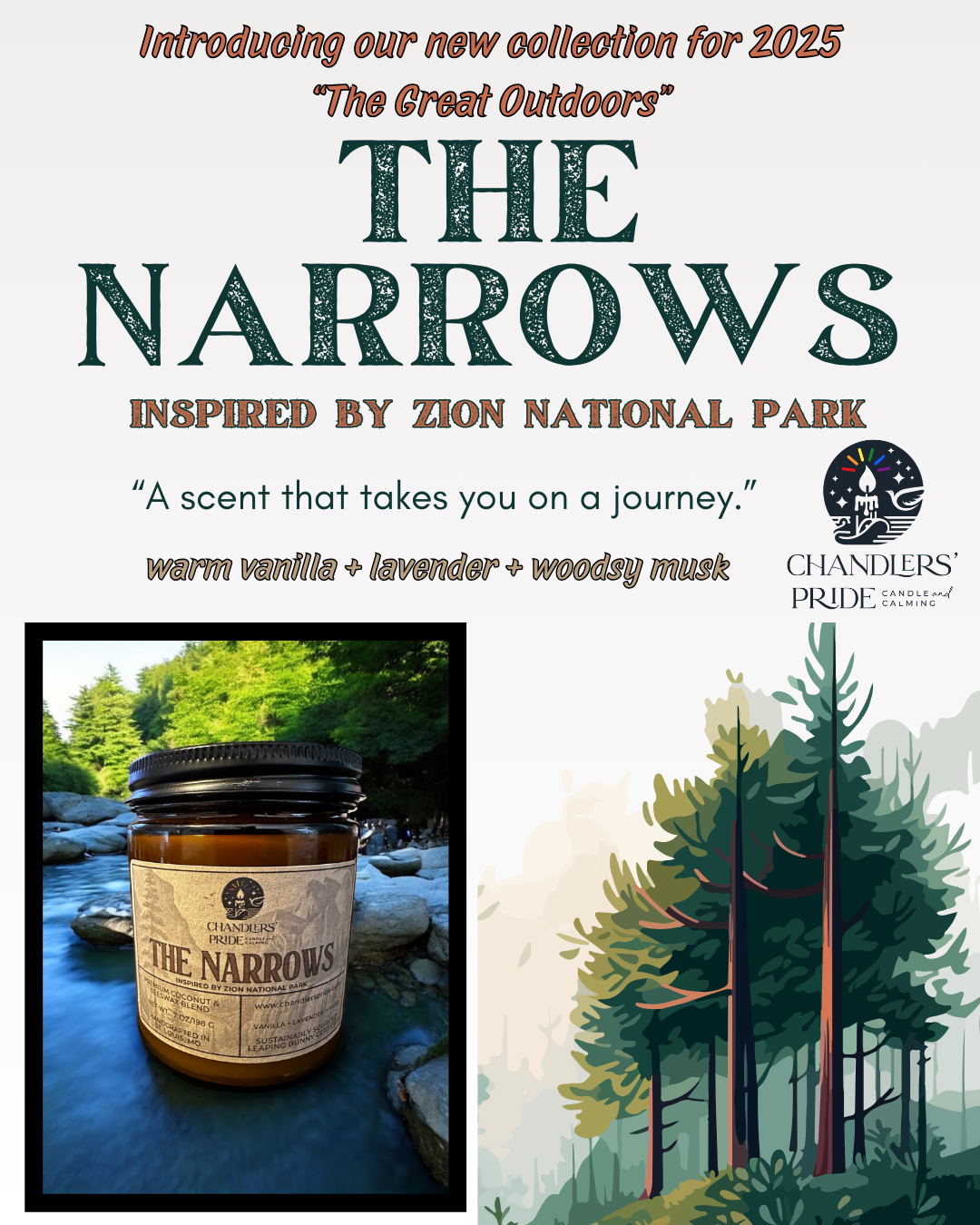 Promotional material for 'The Narrows' candle with Zion National Park theme, featuring the candle jar with a label and the scent notes mentioned, set against a backdrop of the park's landscape.