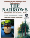 Promotional material for 'The Narrows' candle with Zion National Park theme, featuring the candle jar with a label and the scent notes mentioned, set against a backdrop of the park's landscape.