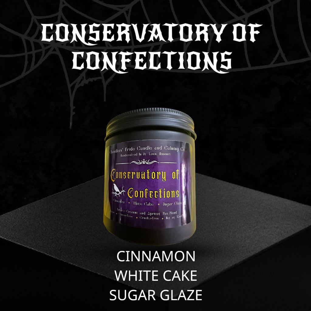 Conservatory of Confections candle scented with cinnamon white cake sugar glaze on a black background